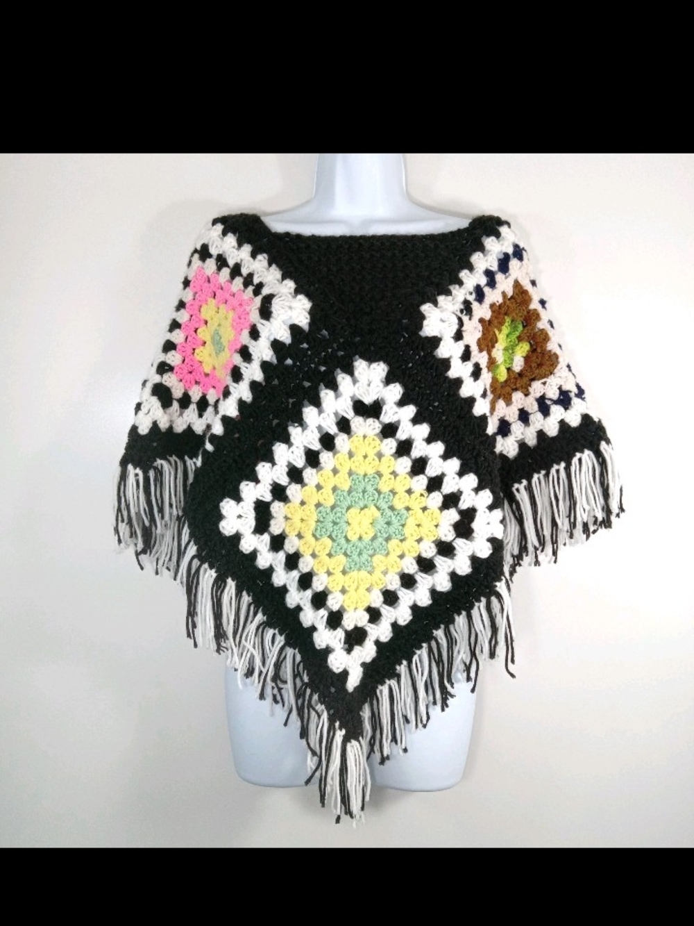 Vtg Handmade Crochet Fringe Poncho in Black with Pastel Accents